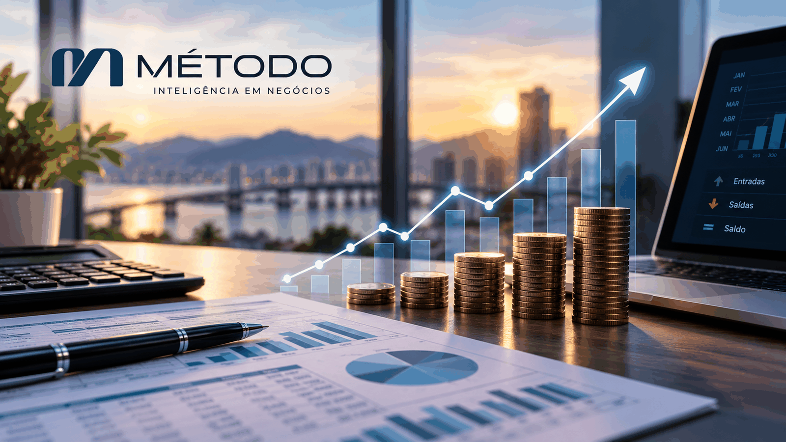 Fluxo de caixa empresarial com gráficos, moedas e indicadores financeiros
